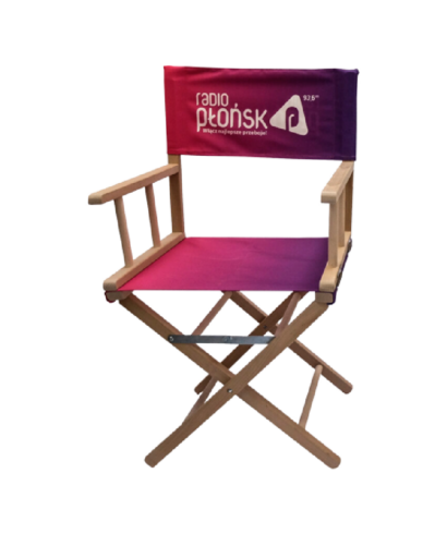 director's chair with red print on a white background