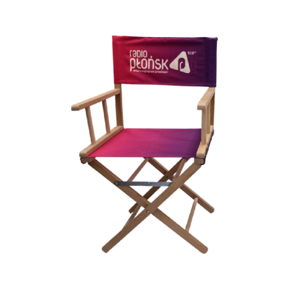 director's chair with red print on a white background