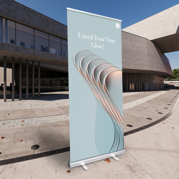 roll-up banner with print standing near the building