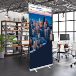 roll-up banner with full colour print standing in the office