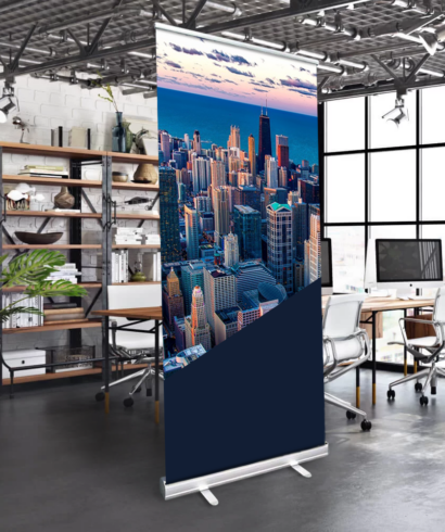 roll-up banner with full colour print standing in the office