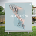 big roll-up banner with full colour print standing on lawn in front of the house