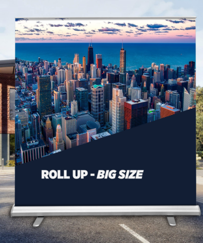 big roll-up banner with full color print standing on the car parking in front of the building
