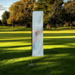 winder flag with full colour print standing on the lawn on the golf course